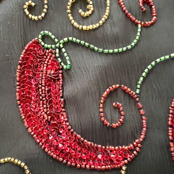 Scala Vtg Short Sleeve Chili Peppers Silk Sequined Beaded Blouse Evening Top, M - Picture 4 of 11